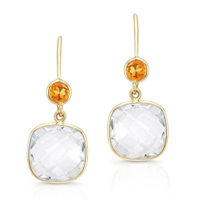 14KT Yellow Gold White Topaz Citrine Cushion Cut Earrings