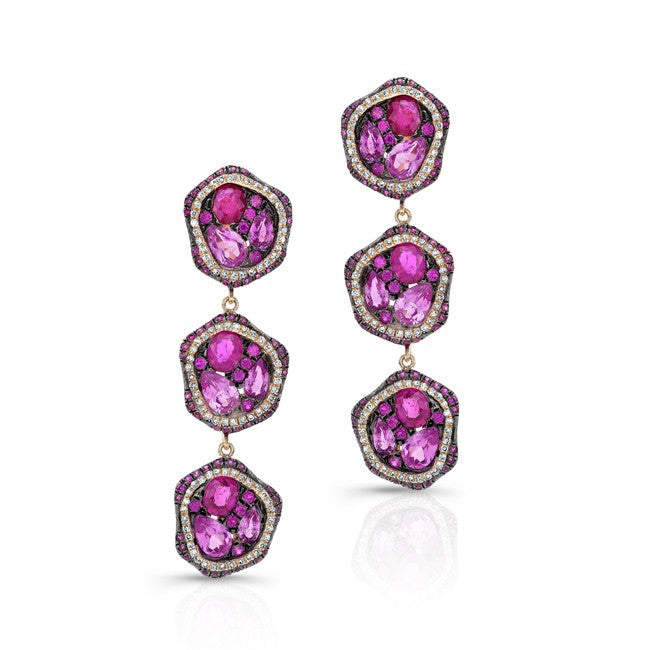 14KT Yellow Gold Ruby And Pink Sapphire Diamond Earrings