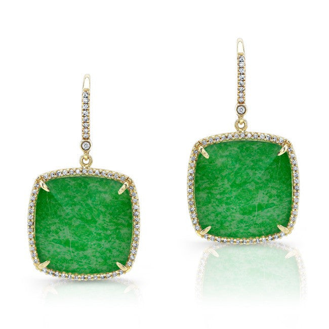 14KT Yellow Gold Jade Cushion Cut Diamond Earrings