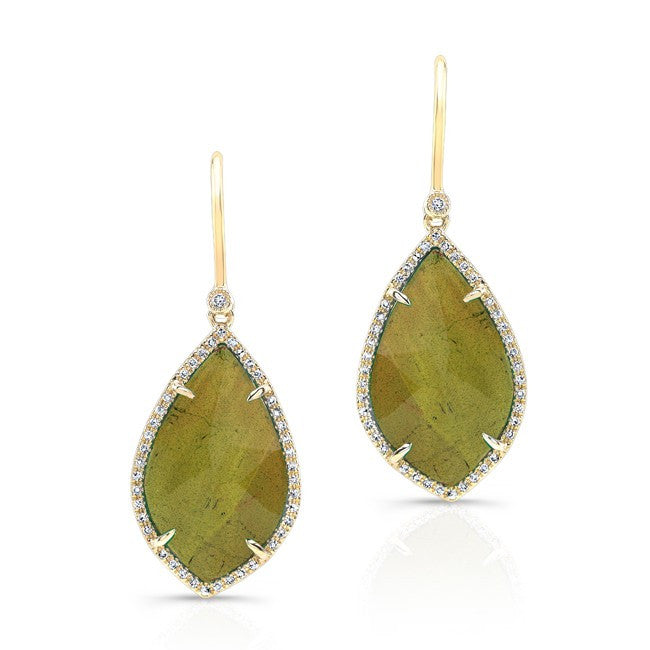 14KT Yellow Gold Green Tourmaline Diamond Leaf Earrings