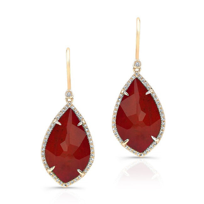 14KT Yellow Gold Orange Red Sapphire Diamond Leaf Earrings