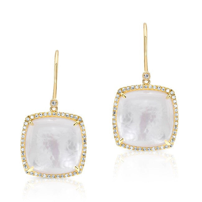 14KT Yellow Gold Diamond Mother Of Pearl Cushion Cut Earrings