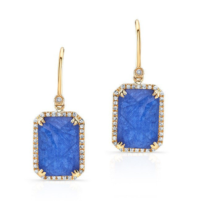 14KT Yellow Gold Blue Sapphire Diamond Rectangle Drop Earrings
