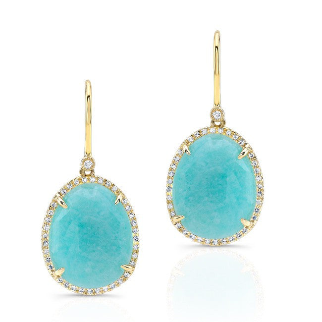 14KT Yellow Gold Diamond Oval Amazonite Diamond Earrings