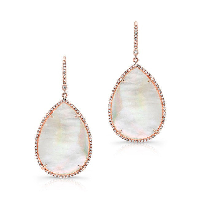 14KT Rose Gold Mother Of Pearl Diamond Pear Earrings