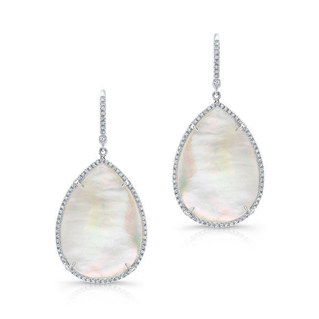 14KT White Gold Mother Of Pearl Diamond Pear Earrings