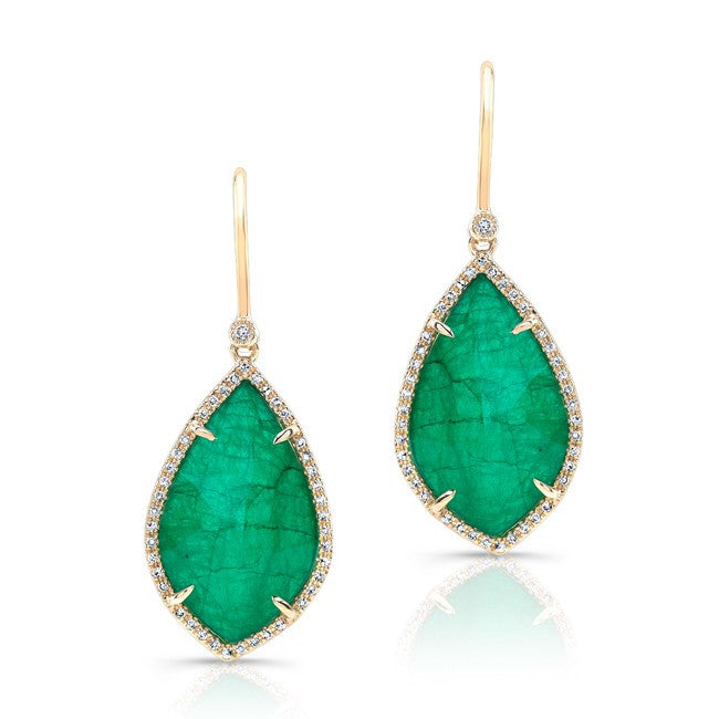 14KT Yellow Gold Emerald Diamond Leaf Earrings
