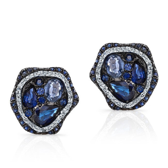 14KT White Gold Blue Sapphire Diamond Cluster Stud Earrings