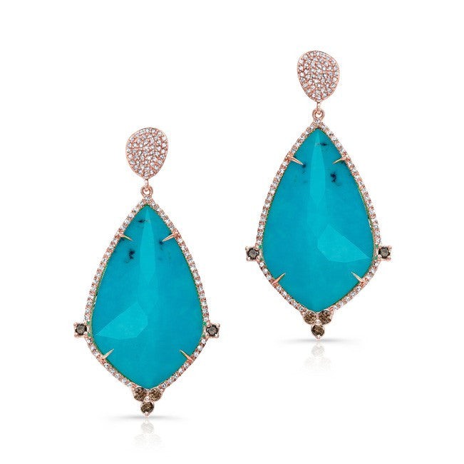 14KT Rose Gold Turquoise and White Topaz Diamond Leaf Earrings