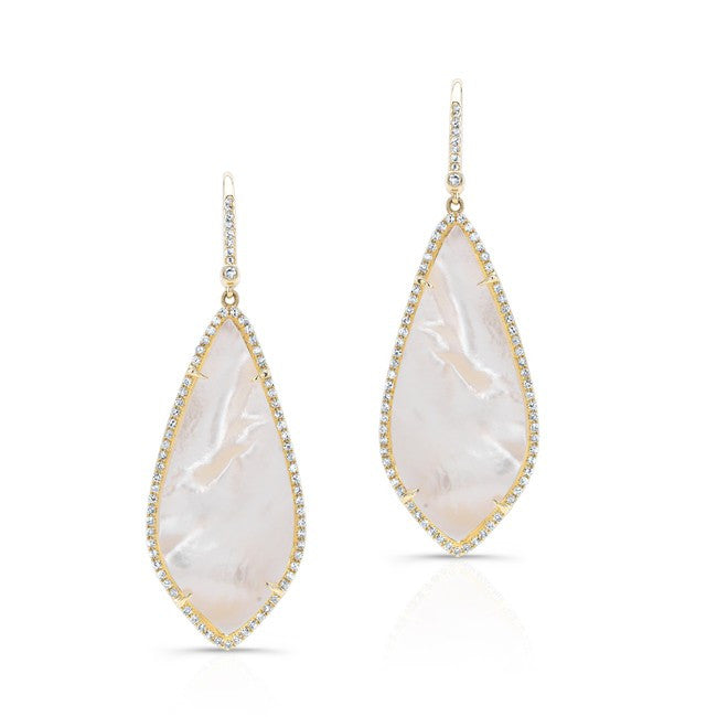 14KT Yellow Gold Mother Of Pearl Diamond Long Leaf Earrings