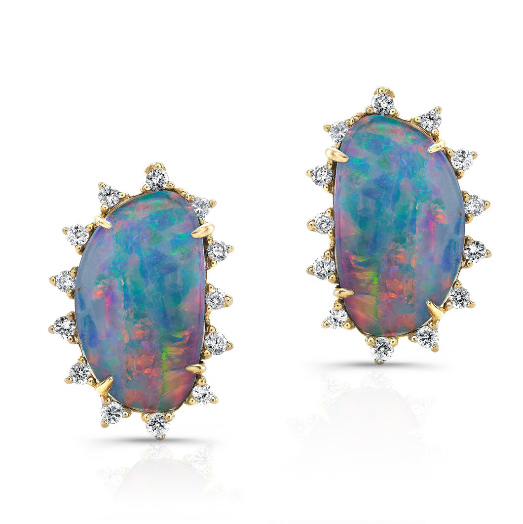 14KT Yellow Gold Opal Diamond Spike Stud Earrings