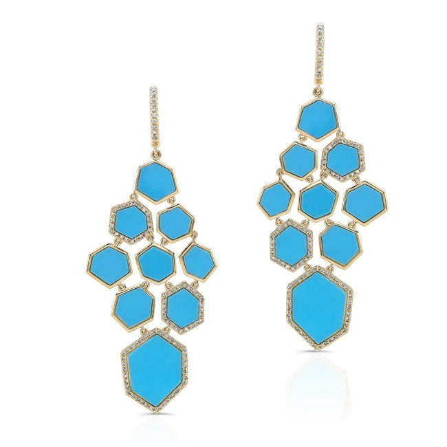 14KT Yellow Gold Turquoise Diamond Chandelier Earrings