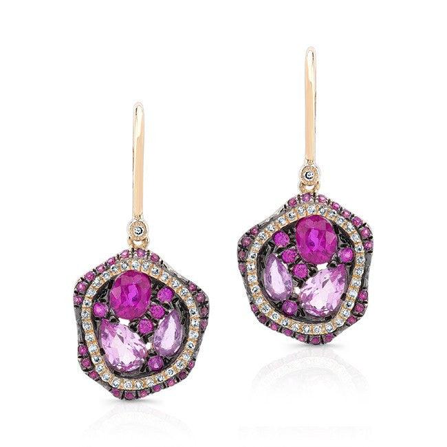 14KT Yellow Gold Ruby And Pink Sapphire Cluster Earrings
