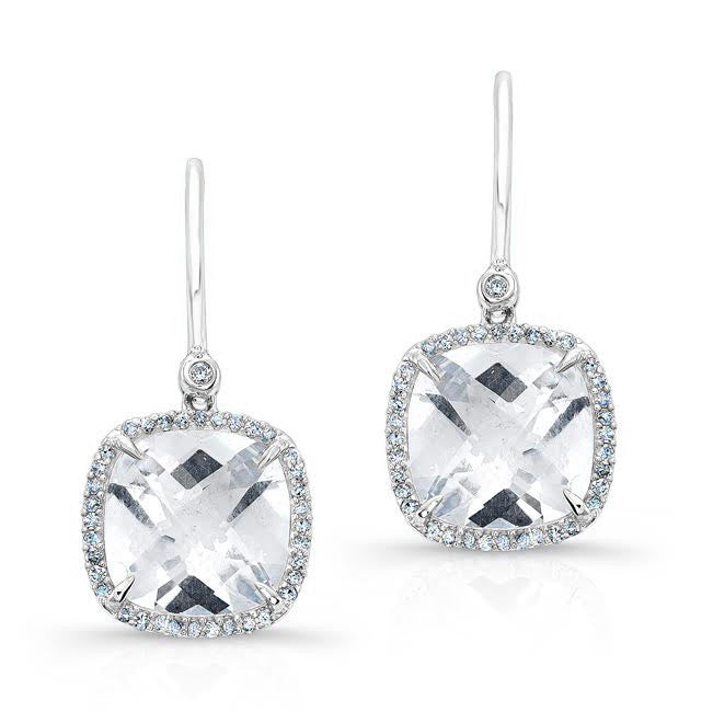 14KT White Gold White Topaz Diamond Cushion Cut Earrings