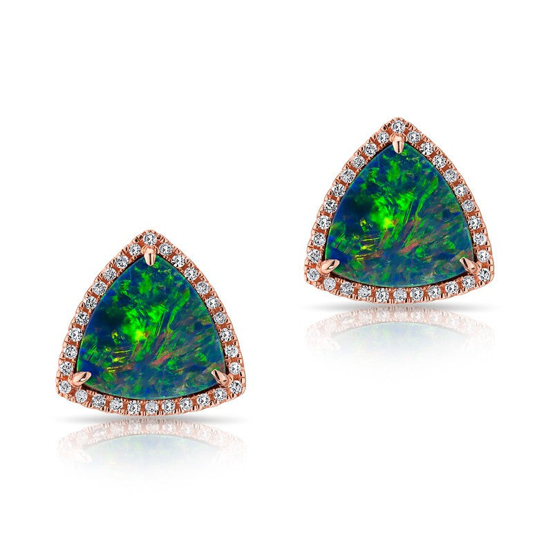 14KT Rose Gold Diamond Opal Rounded Triangle Stud Earrings