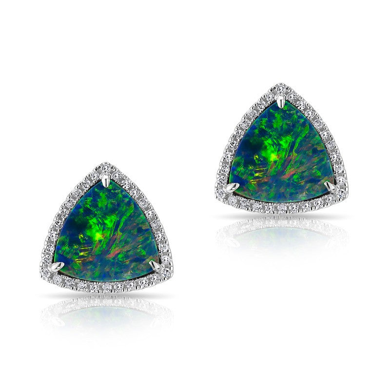 14KT White Gold Diamond Opal Rounded Triangle Stud Earrings