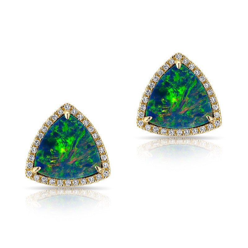 14KT Yellow Gold Diamond Opal Rounded Triangle Stud Earrings