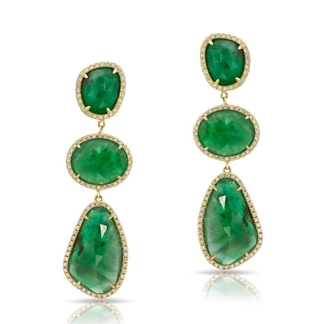 14KT Yellow Gold Emerald Diamond Organic Triple Drop Earrings