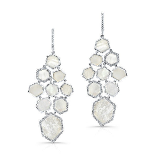14KT White Gold White Mother of Pearl Diamond Chandelier Earrings