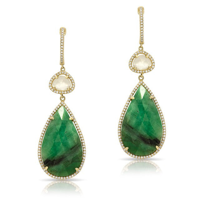 14KT Yellow Gold Emerald And White Sapphire Diamond Drop Earrings