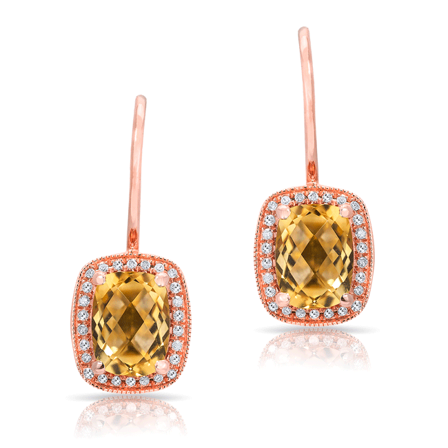 14KT Rose Gold Diamond Citrine Rectangle Earrings