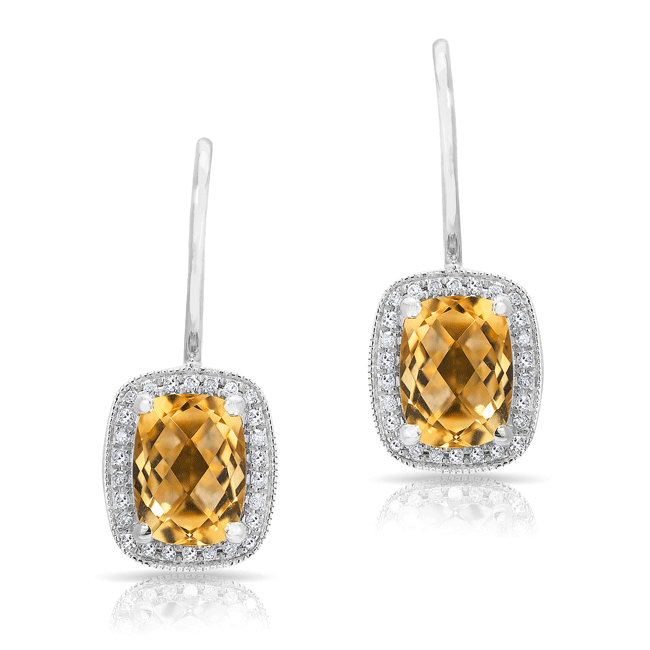 14KT White Gold Diamond Citrine Rectangle Earrings