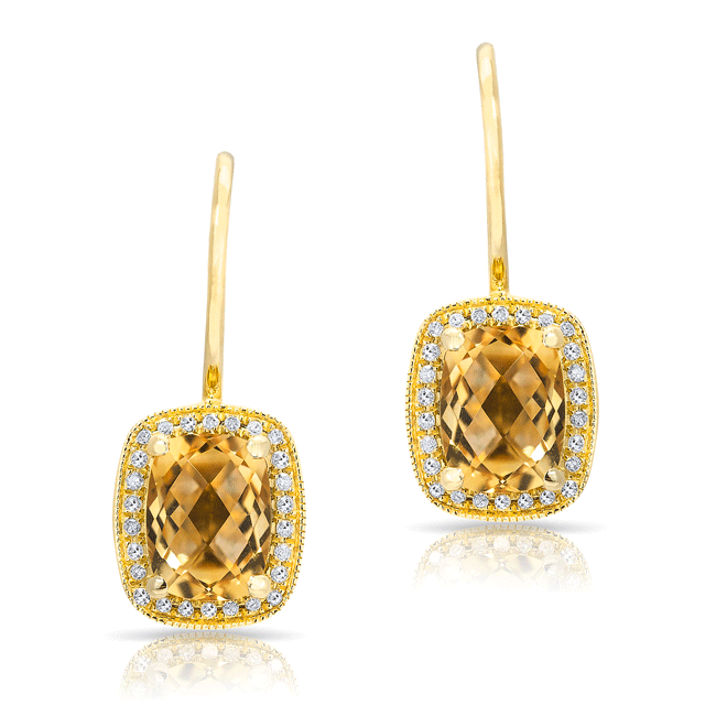 14KT Yellow Gold Diamond Citrine Rectangle Earrings
