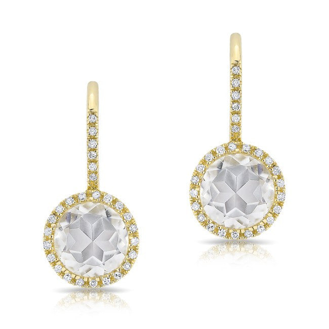 14KT Yellow Gold Diamond White Topaz Round Wireback Earrings