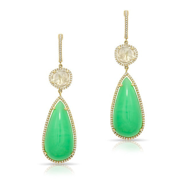 14KT Yellow Gold Chrysoprase and Diamond Slice Drop Earrings