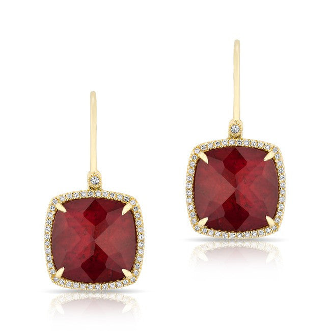 14KT Yellow Gold Ruby Mini Cushion Diamond Earrings