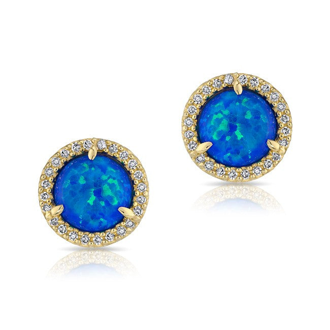 14KT Yellow Gold Diamond Opal Stud Earrlings