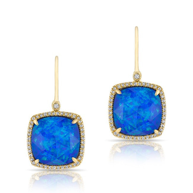 14KT Yellow Gold Opal Mini Cushion Diamond Earrings
