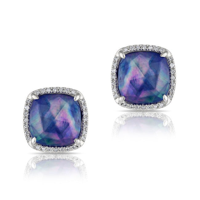 14KT White Gold Shimmer Lapis Cushion Diamond Earrings