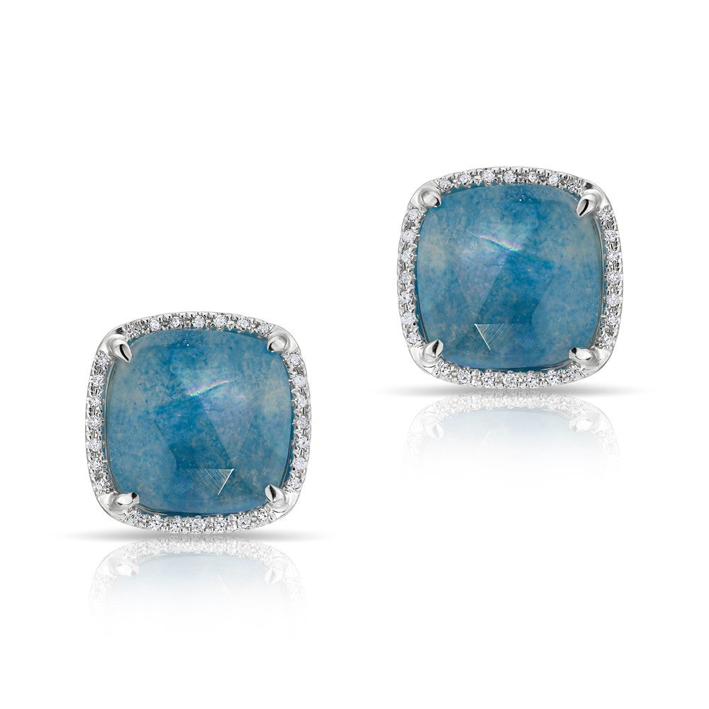 14KT White Gold Shimmer Blue Topaz Diamond Cushion Stud Earrings