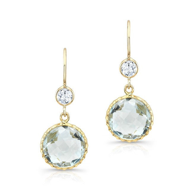 14KT Yellow Gold Green Amethyst And White Topaz Earrings