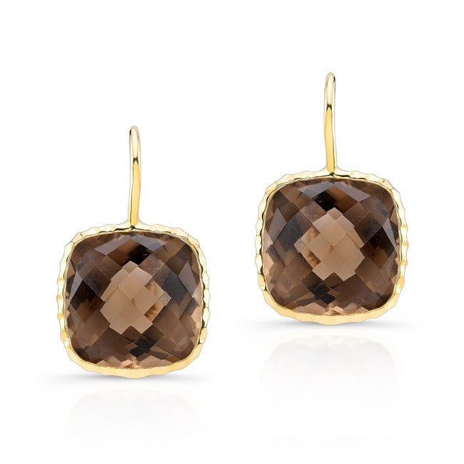 14KT Yellow Gold Smokey Topaz Cushion Cut Earrings