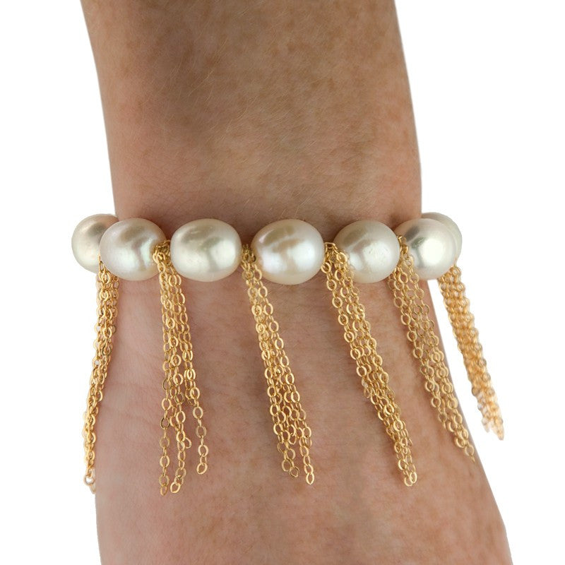 White Pearl Bracelet with Yellow Gold-Filled Fringe Chain