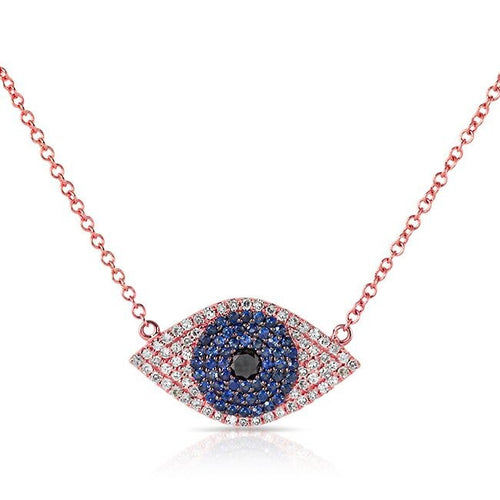 14KT Rose Gold Blue Sapphire Diamond Evil Eye Necklace