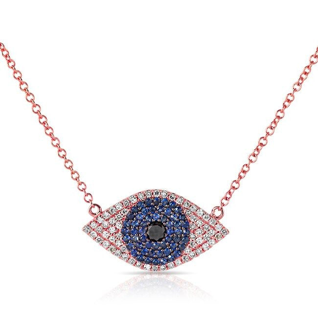 14KT Rose Gold Blue Sapphire Diamond Evil Eye Necklace