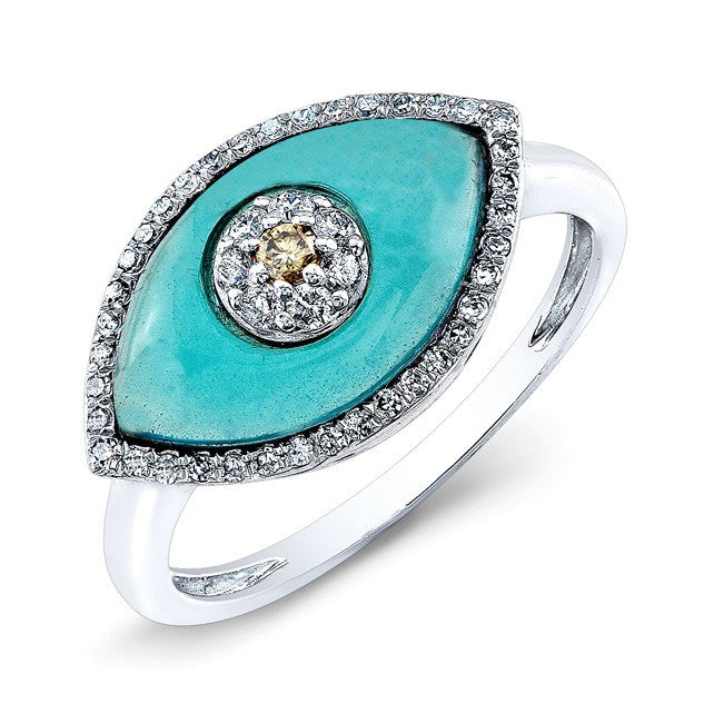 14KT White Gold Blue Topaz Diamond Evil Eye Ring