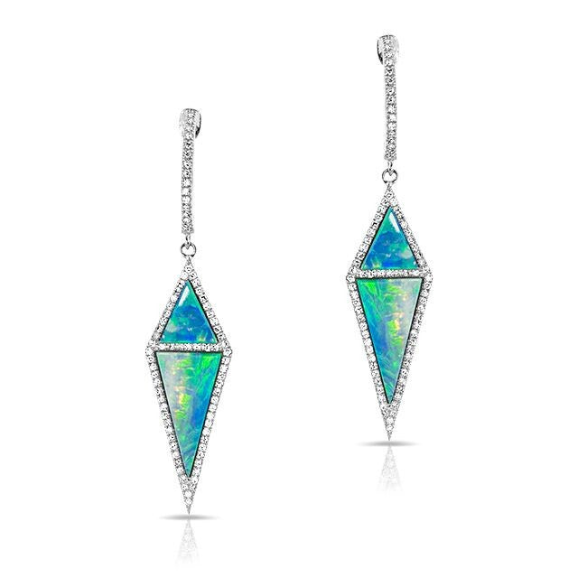 14KT White Gold Opal Diamond Shield Earrings