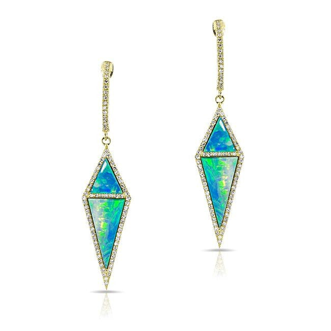 14KT Yellow Gold Opal Diamond Shield Earrings
