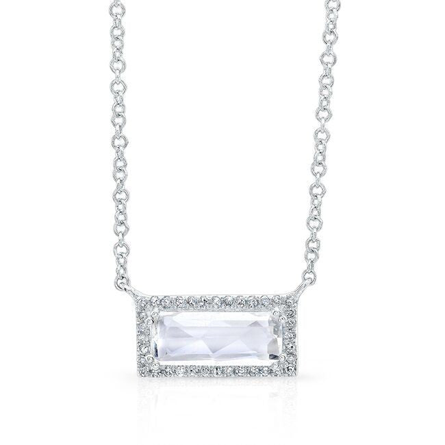 14KT White Gold Rectangle White Topaz Diamond Necklace