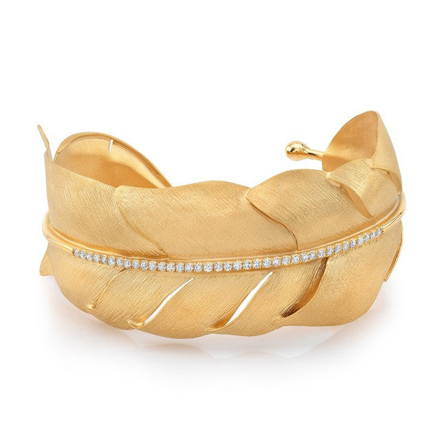 14KT Yellow Gold Leaf With Diamond Stem Cuff