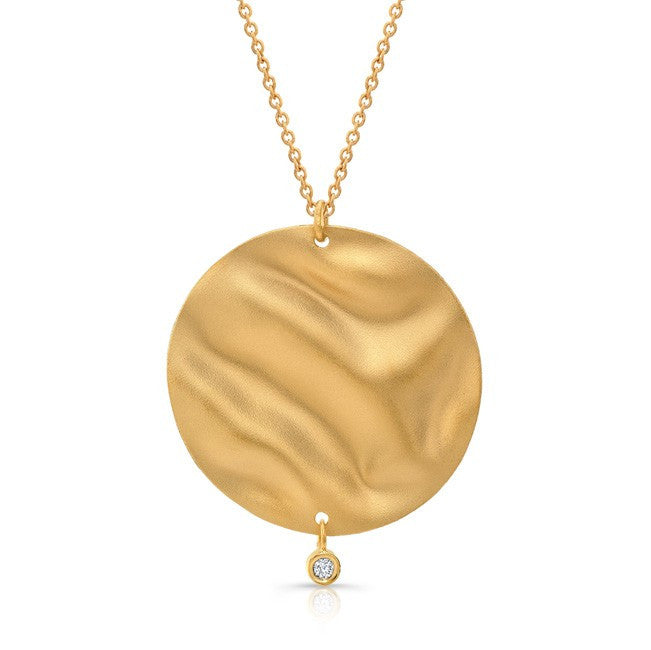 14KT Yellow Gold Ripple Disc With Diamond Dangle Necklace