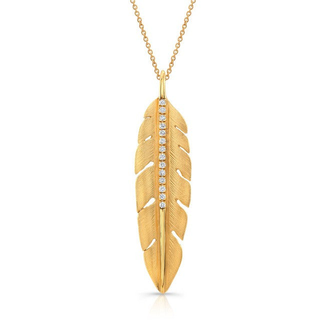 14KT Yellow Gold Leaf With Diamond Stem Necklace