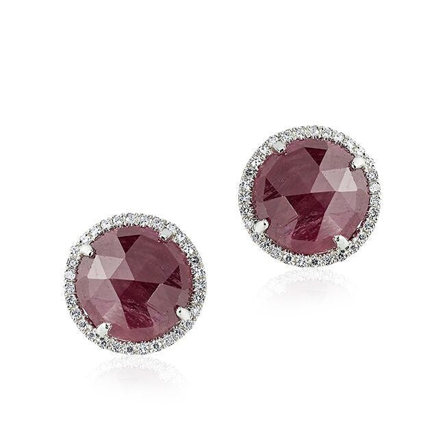 14KT White Gold Round Ruby Diamond Stud Earrings