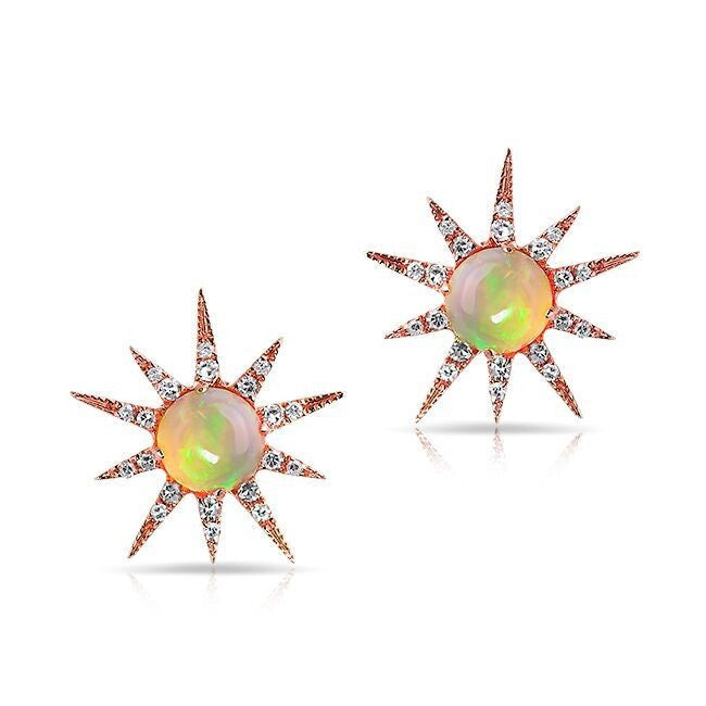 14KT Rose Gold Opal Diamond Starburst Stud Earrings