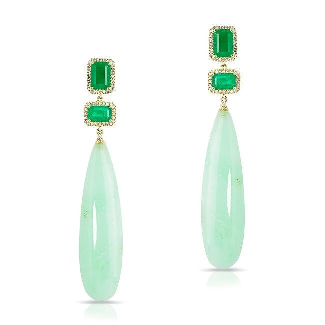 14KT Yellow Gold Chrysoprase And Emerald Diamond Drop Earrings
