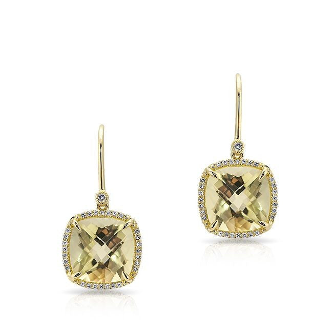 14KT Yellow Gold Lemon Topaz Diamond Cushion Cut Earrings